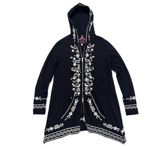 Johnny Was Black Hooded Jacket with White Embroidery